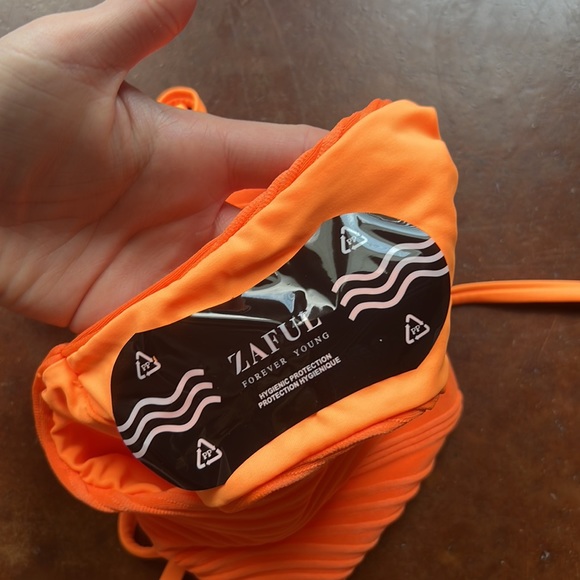 NWT Zaful Neon Orange Ribbed High Cut Tie Bikini Bottoms - Picture 3 of 8